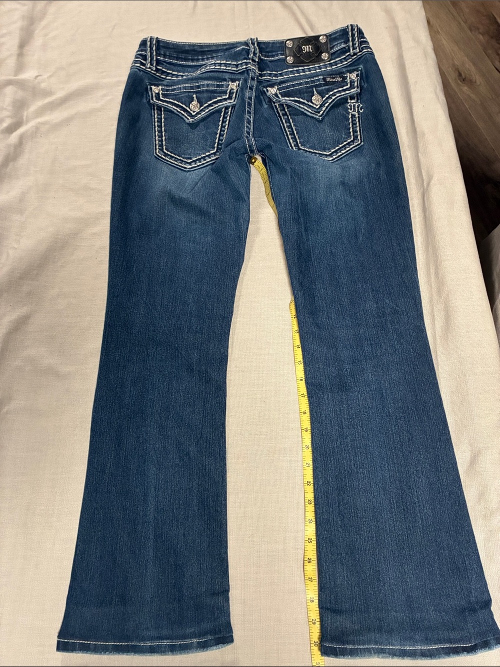 Miss Me Women’s Dark Blue Signature Bootcut Saddle Stitch Jeans, Size 31/31